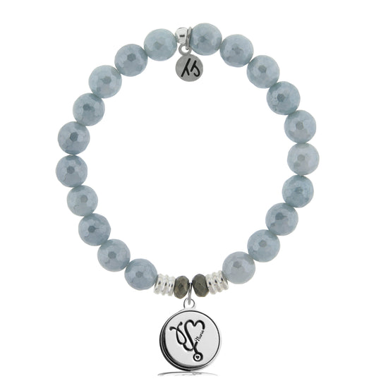 Blue Quartzite Stone Bracelet with Nurse Sterling Silver Charm