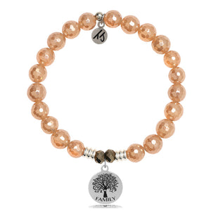 Champagne Agate Stone Bracelet with Family Tree Circle Sterling Silver Charm