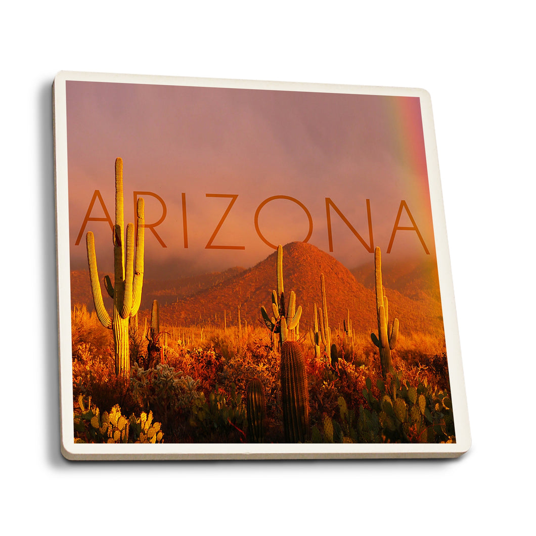Ceramic Coaster - Arizona, Cactus and Rainbow Photograph