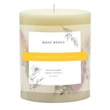 Load image into Gallery viewer, Rosy Rings - Lemon Blossom &amp; Lychee Small Round Botanical Candle with Gilded Glass Coaster
