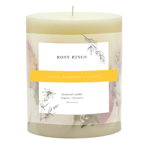 Rosy Rings - Lemon Blossom & Lychee Small Round Botanical Candle with Gilded Glass Coaster