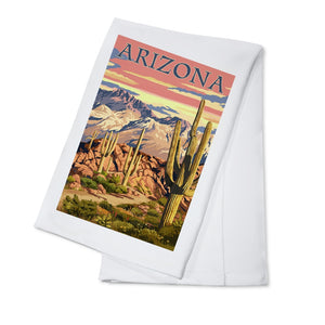 Arizona, Desert Cactus Trail Scene at Sunset Tea Towel