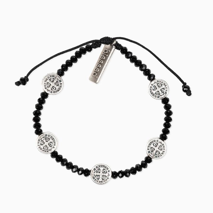 My Saint My Hero Gratitude Crystal Bracelet Black with Silver medal