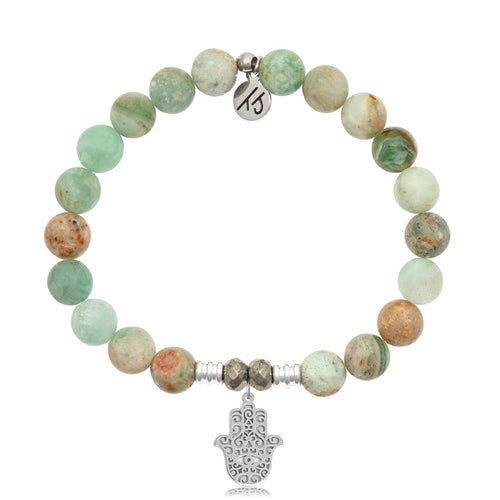 Green Quartz Stone Bracelet with Hamsa Sterling Silver Charm