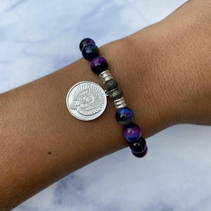 Indigo Tiger's Eye Stone Bracelet with Phoenix Sterling Silver Charm