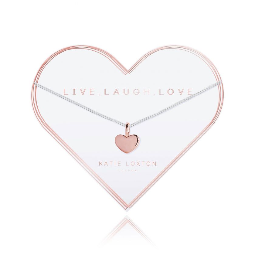Live Laugh Love - Rose Gold Heart Silver Chain Necklace