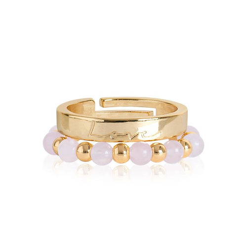 Katie Loxton Signature Stones - Love Yellow Gold with Rose Quartz Stones - Stacking Rings