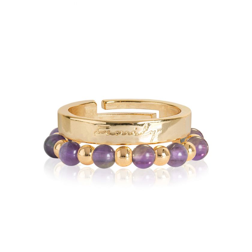 Katie Loxton Signature Stones - Family Yellow Gold with Amethyst Stones - Stacking Rings
