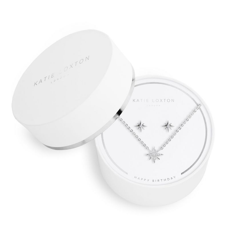 Sentiment Set - Happy Birthday - Starburst - Silver - Necklace 46cm + 5cm Extender / Stud Earrings