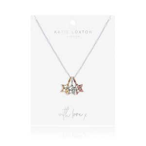 Florence Hammered Star Silver Necklace With Silver, Rose Gold and Yellow Gold Star Charms - 46cm with 5cm Extender