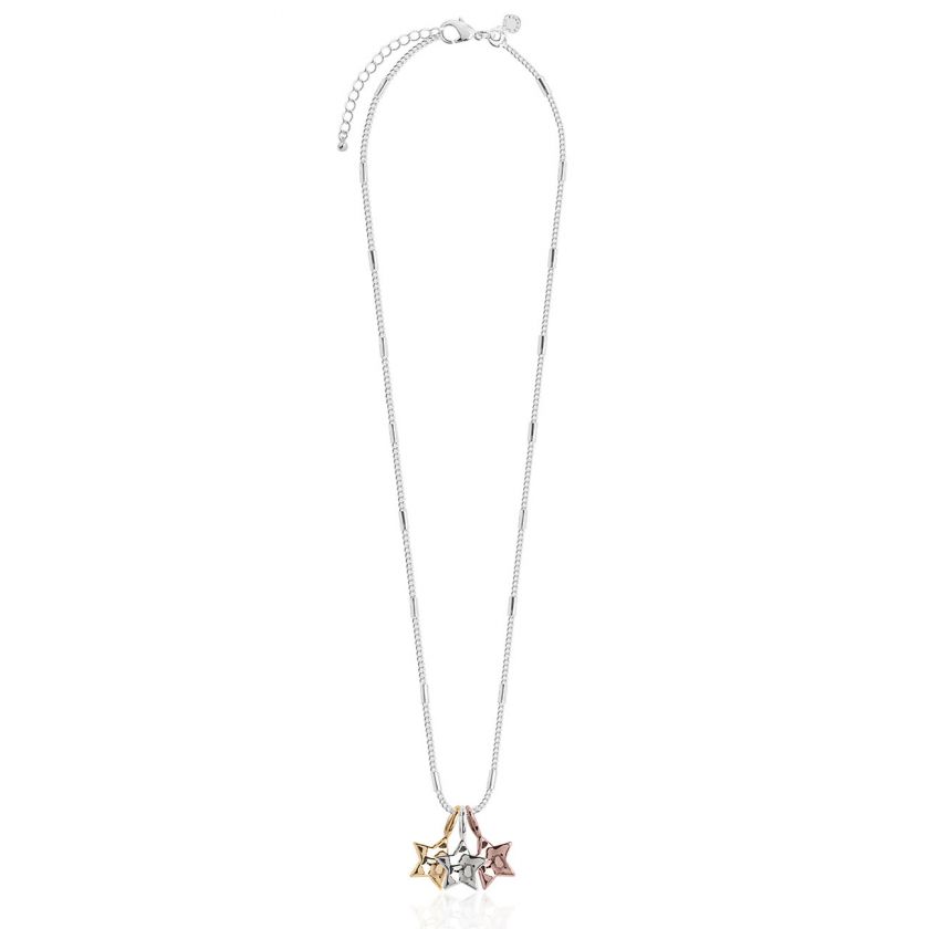 Katie Loxton Florence Hammered Star Silver Necklace With Silver, Rose Gold and Yellow Gold Star Charms - 46cm with 5cm Extender