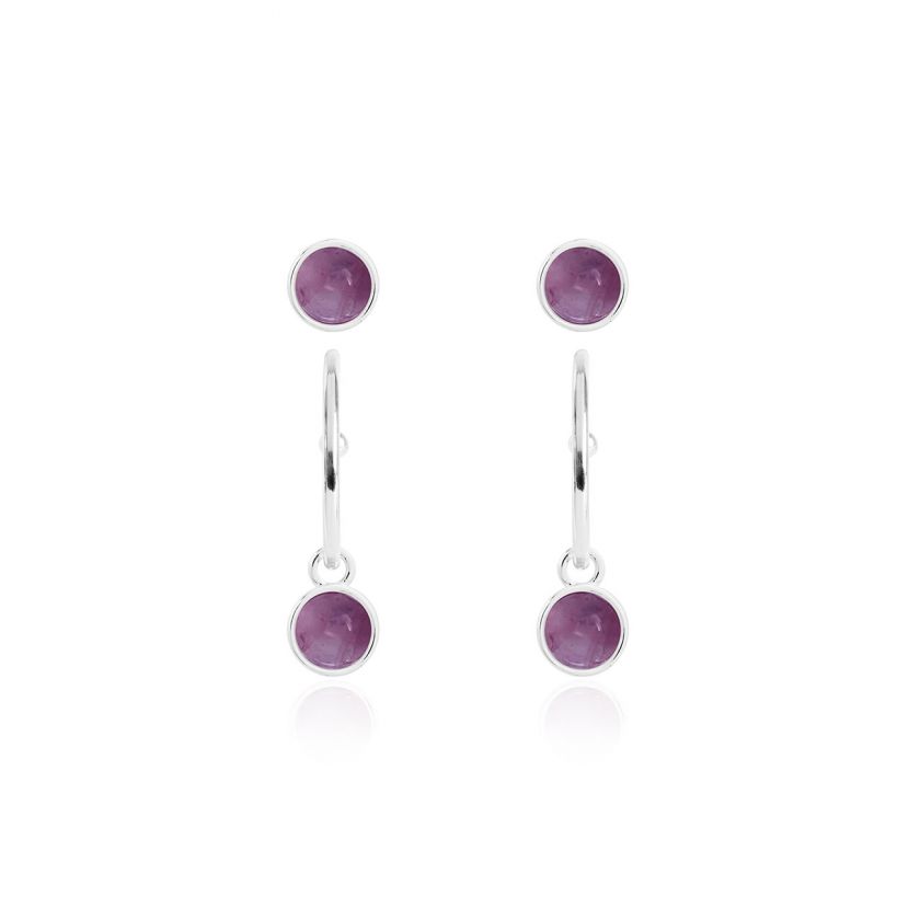 Katie Loxton Signature Stones - Family - Amethyst Silver Studs and Hoop Earrings Set
