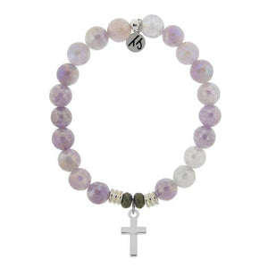 Mauve Jade Stone Bracelet with Cross Sterling Silver Charm