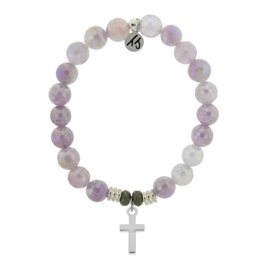 Mauve Jade Stone Bracelet with Cross Sterling Silver Charm