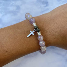 Load image into Gallery viewer, Mauve Jade Stone Bracelet with Cross Sterling Silver Charm
