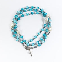 Load image into Gallery viewer, Miracles Rosary Wrap Bracelet - Blue/Hematite/Pearl
