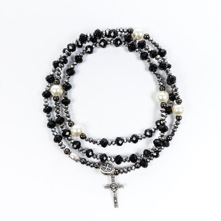 Miracles Rosary Wrap Bracelet - Black/Hematite/Pearl