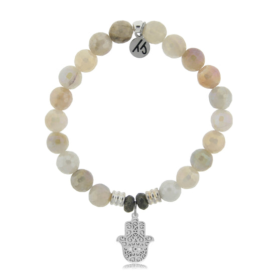 Moonstone Stone Bracelet with Hamsa Sterling Silver Charm