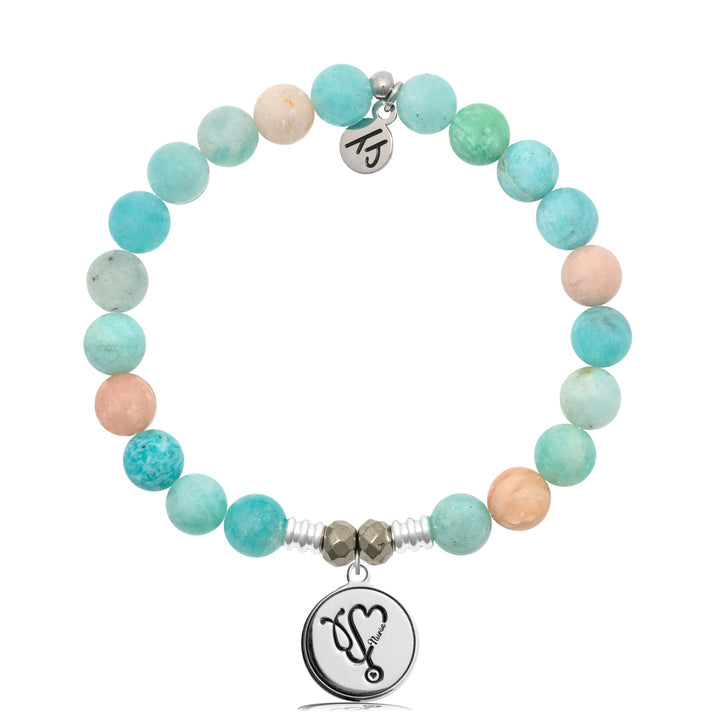 Multi Amazonite Stone Bracelet with Nurse Sterling Silver Charm