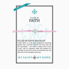 Load image into Gallery viewer, My Saint My Hero Filled by Faith Open Cross Bracelet Pink with Silver
