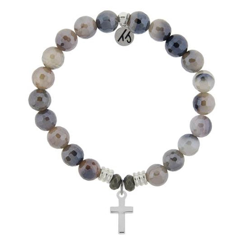 Storm Agate Stone Bracelet with Cross Sterling Silver Charm