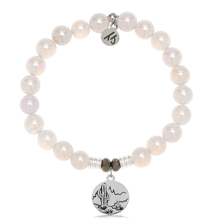 White Agate Stone Bracelet with Cactus Sterling Silver Charm
